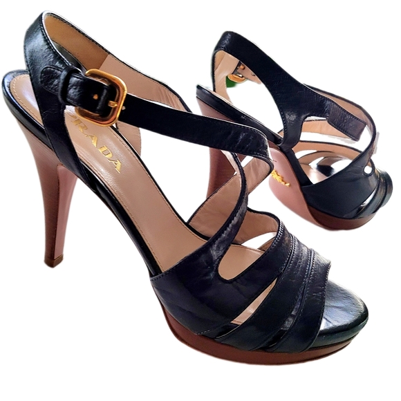 PRADA Black Leather Platform Stacked Wood Heel With Gold Buckle Ankle Strap 36 - Picture 1 of 12